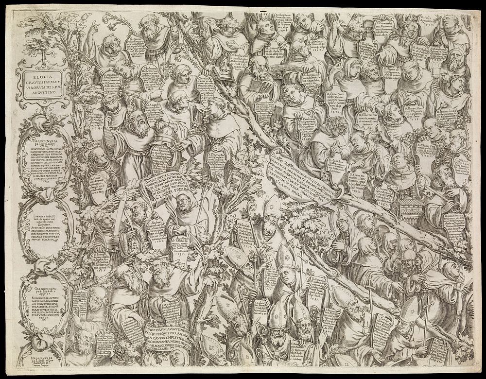 Saints, martyrs, blessed and bishops of the Augustinian order. Engraving by Oliviero Gatti, 1614.
