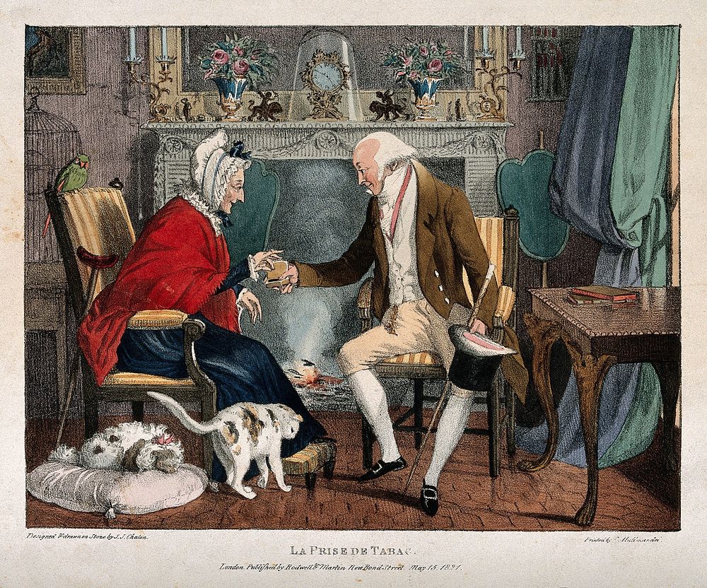 An old gentleman visitor offering snuff to an old woman at her fireside. Coloured lithograph by J. J. Chalon, c. 1821, after…