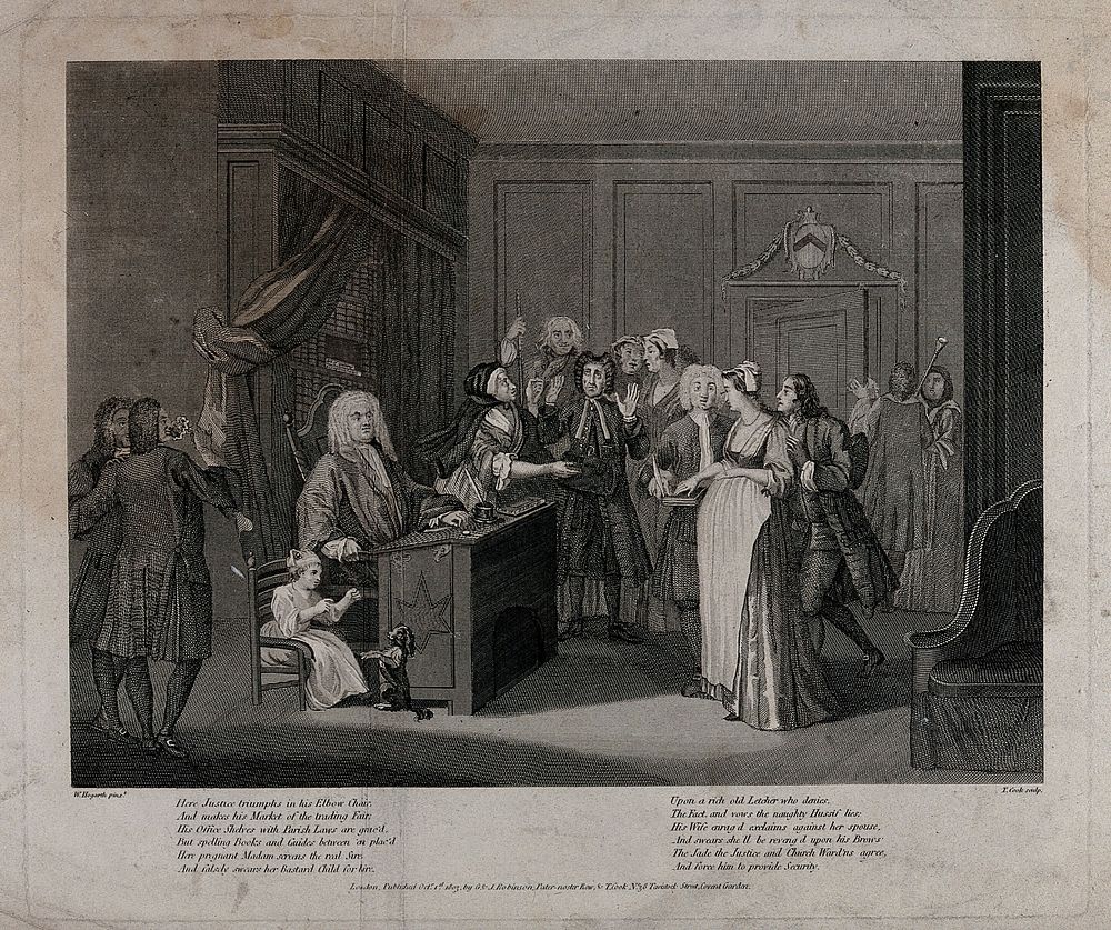 A paternity suit: in a courtroom, a judge, a guilty looking woman, an enraged wife, and the supposed father. Engraving by T.…
