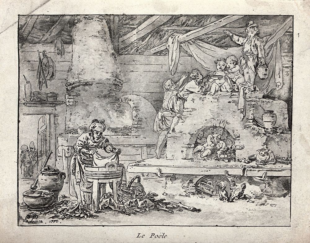 A woman washing clothes; in the background children are playing in a disused kiln. Aquatint by J.B. Le Prince, 1770.