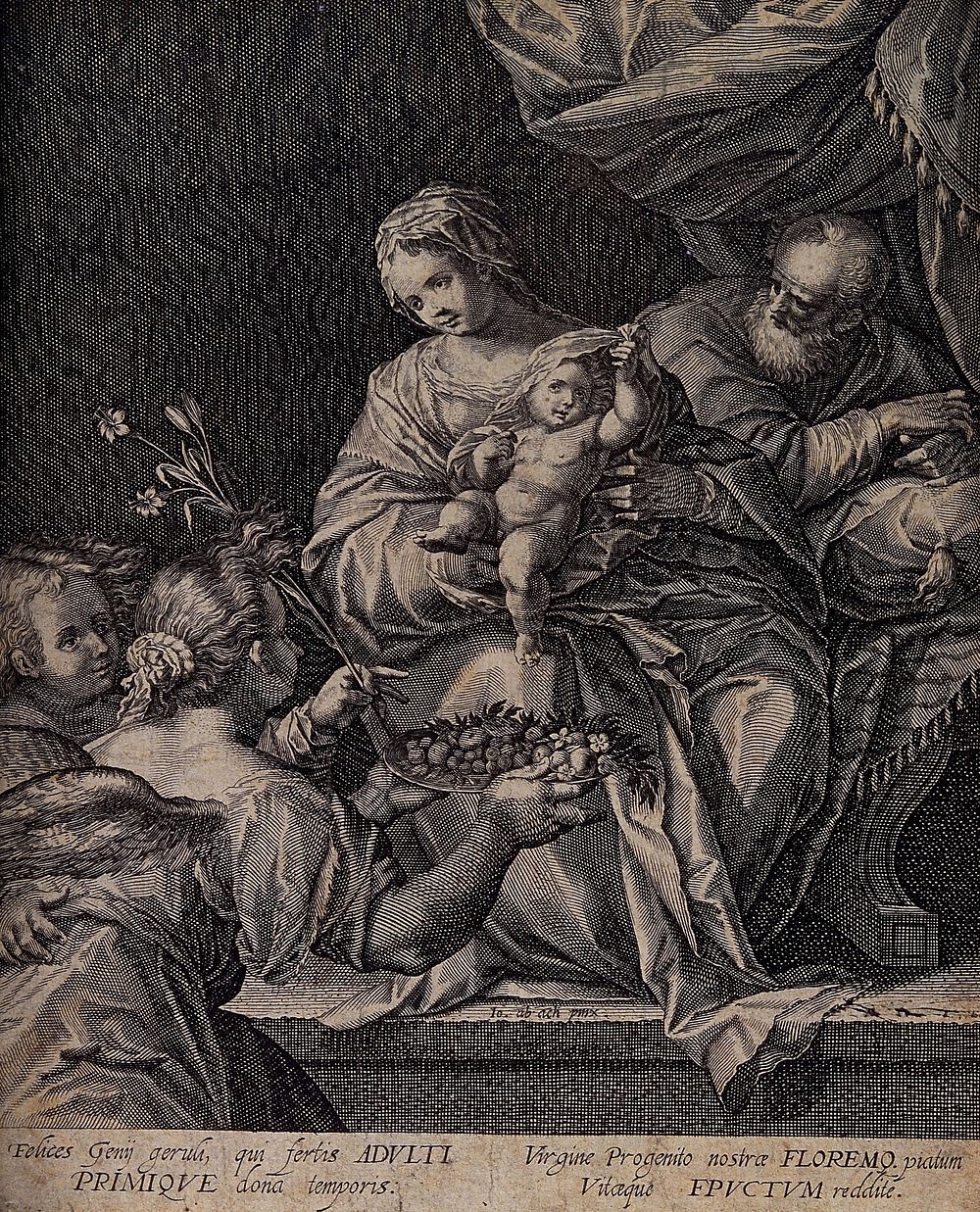 Saint Mary (the Blessed Virgin) and Saint Joseph with the Christ Child and angels. Engraving after Hans van Aachen.