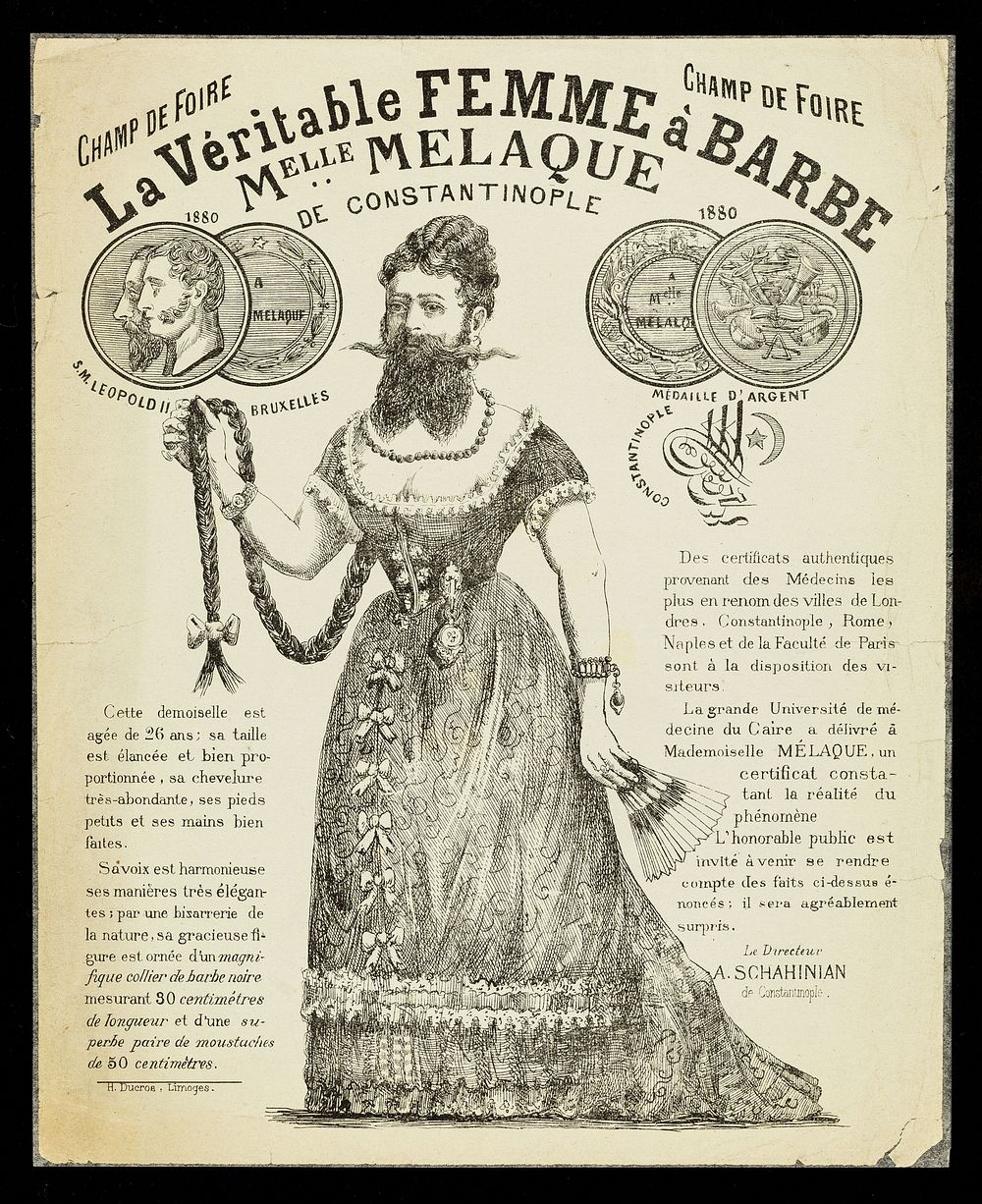 [Leaflet advertising bearded lady, Mlle. Melaque from Constantinople, appearing at the Champ de Foire (Paris)].