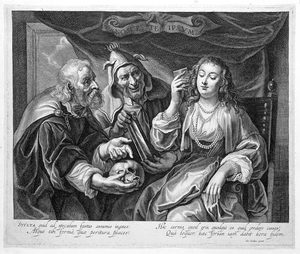 A vain woman combing her hair, a fool showing her her face in a mirror, and a philosopher pointing to a skull as a reminder…