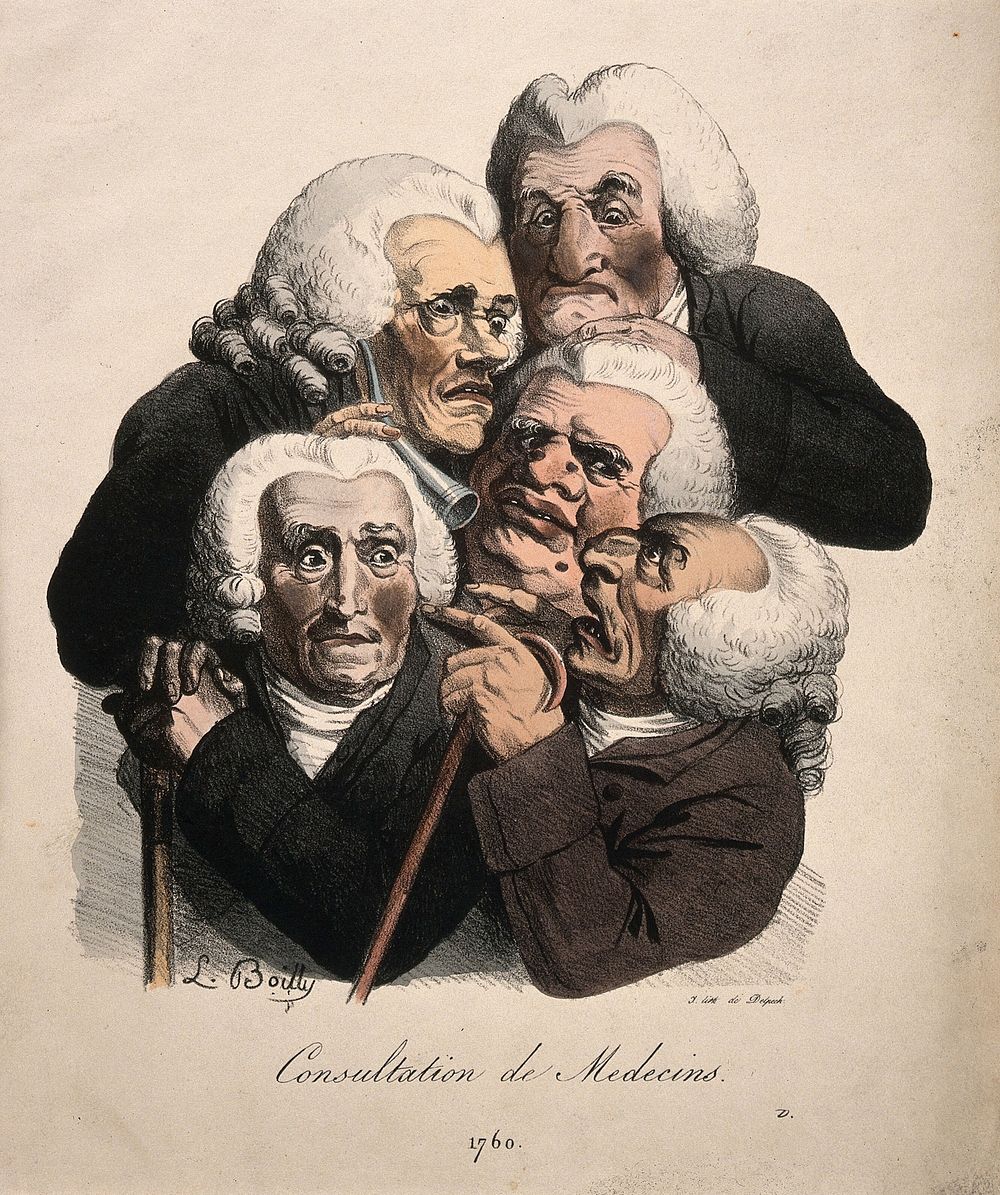 Five decrepit doctors crushed together in consultation. Coloured lithograph by F-S. Delpech after L. Boilly, c. 1823.
