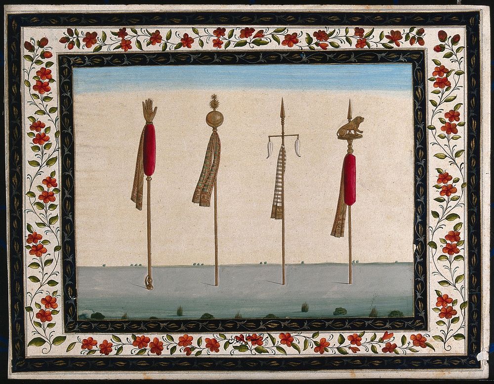 Four poles and spears decorated with the hand of Fatima, scarves and other items. Gouache painting by an Indian artist.