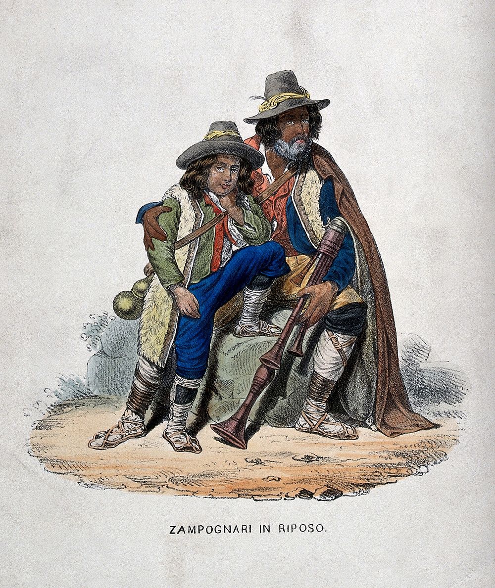 A itinerant bag-pipe player and his son, resting at the side of the road. Coloured lithograph, c.1850 .