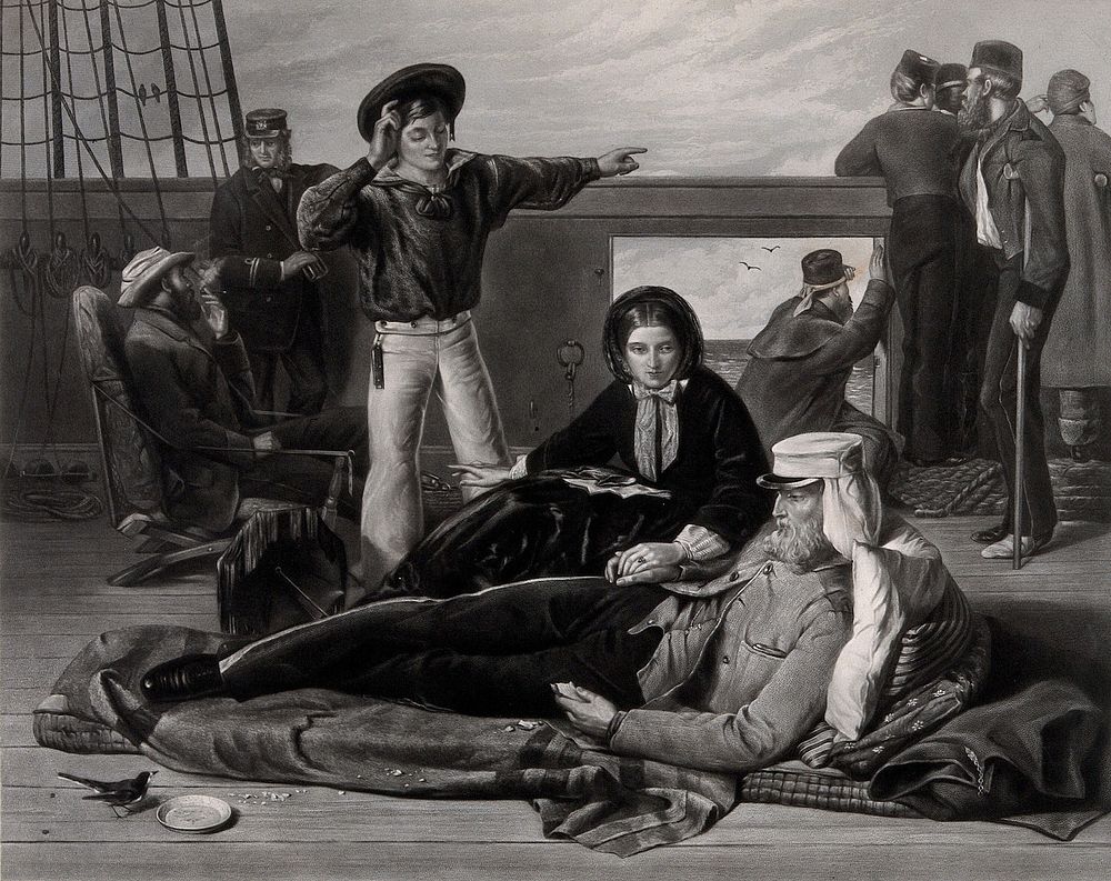 A wounded British officer returning from the Crimean War. Mezzotint by W.H. Simmons, 1863, after J.D. Luard, 1858.
