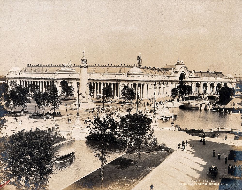 The 1904 World's Fair, St. Louis, Missouri: the Palace of Manufactures, with the St. Louis Purchase monument on the left.…
