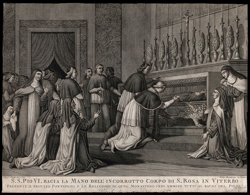Saint Rose of Viterbo: Pope Pius VI kisses the hand of her uncorrupted body, 1798. Engraving by P. Bonato after L. Scotti.