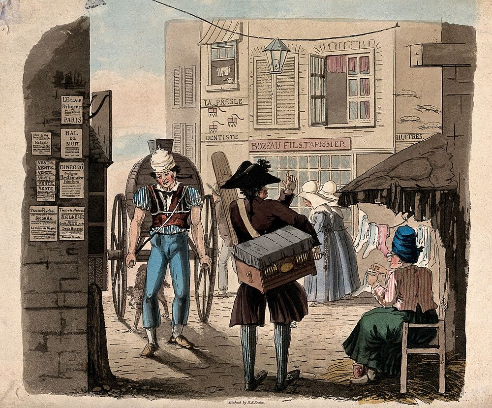 Street vendors and shops in a street in Paris. Coloured aquatint by R.B. Peake.
