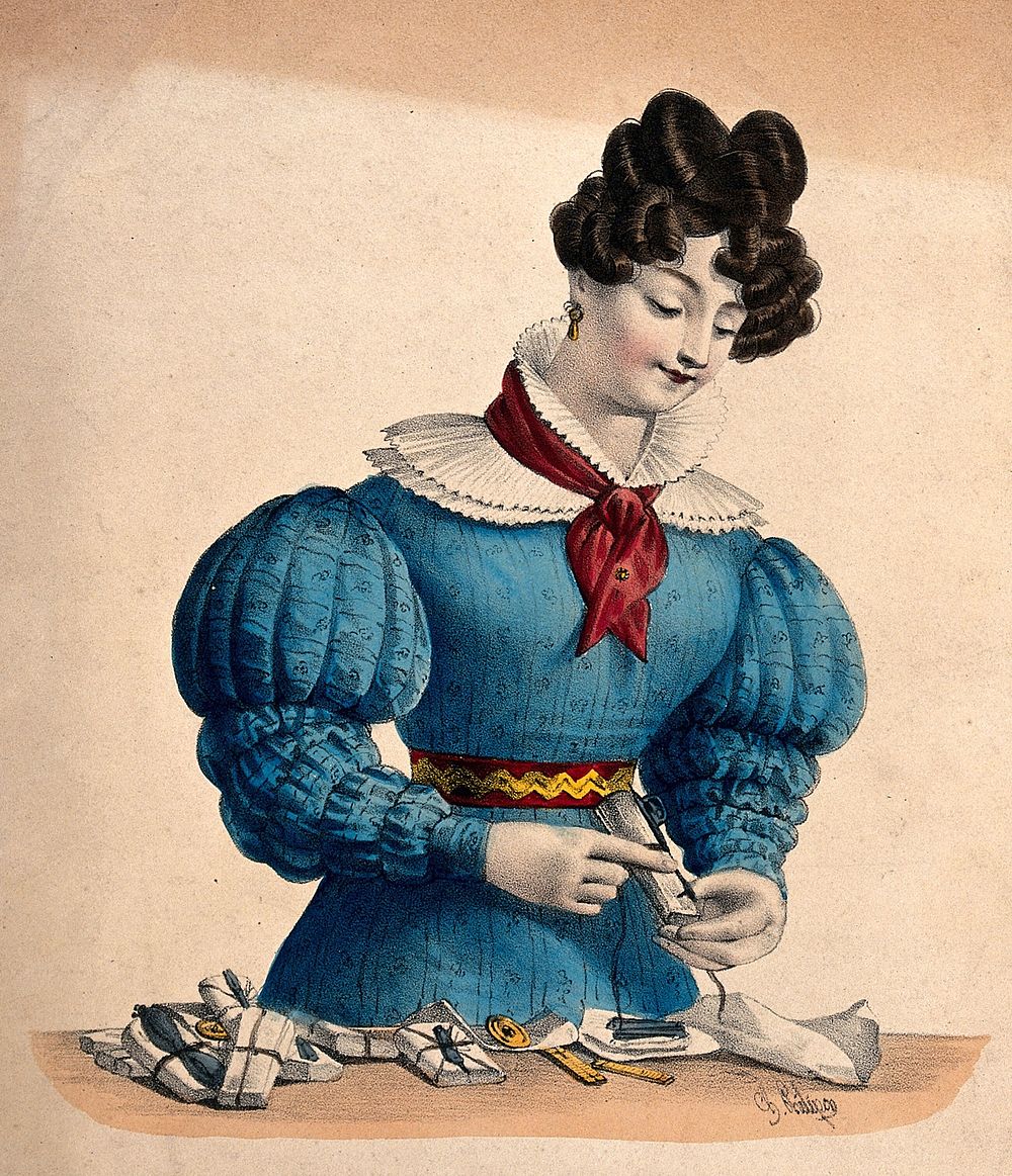 A young woman stands at a counter in Paris making packages of hardware goods. Coloured lithograph by Ch. Philipon, 1828.
