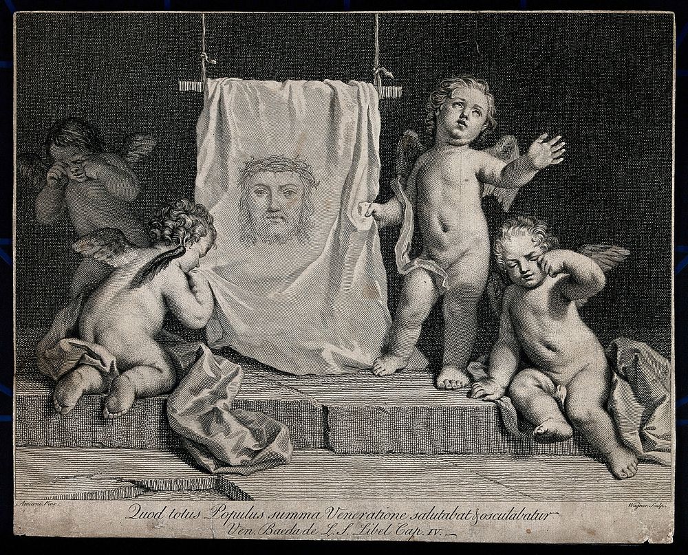 The sudarium of Saint Veronica presented by weeping angels. Engraving by J. Wagner after J. Amigoni.