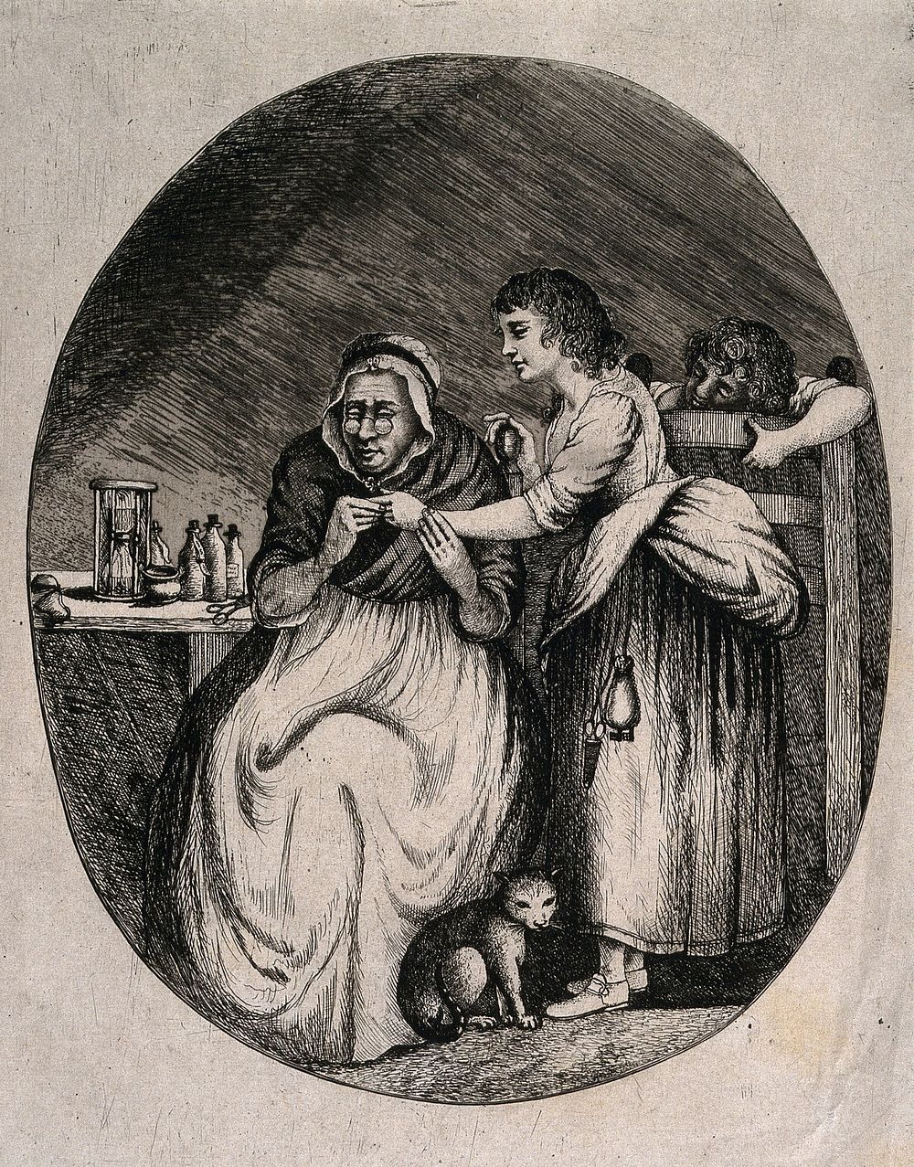 A woman doctor examining a girl's finger. Etching after J. Northcote.