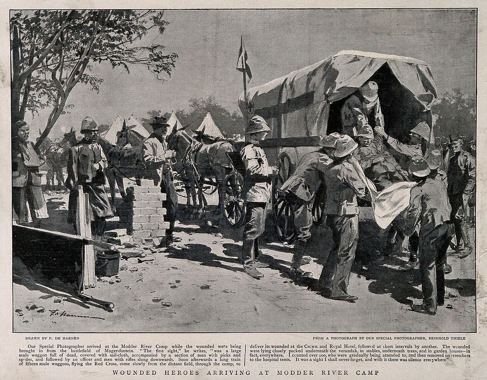 Boer War: sick and wounded soldiers arriving at Modder River Camp. Reproduction after a sketch by F. de Haenen after R.…