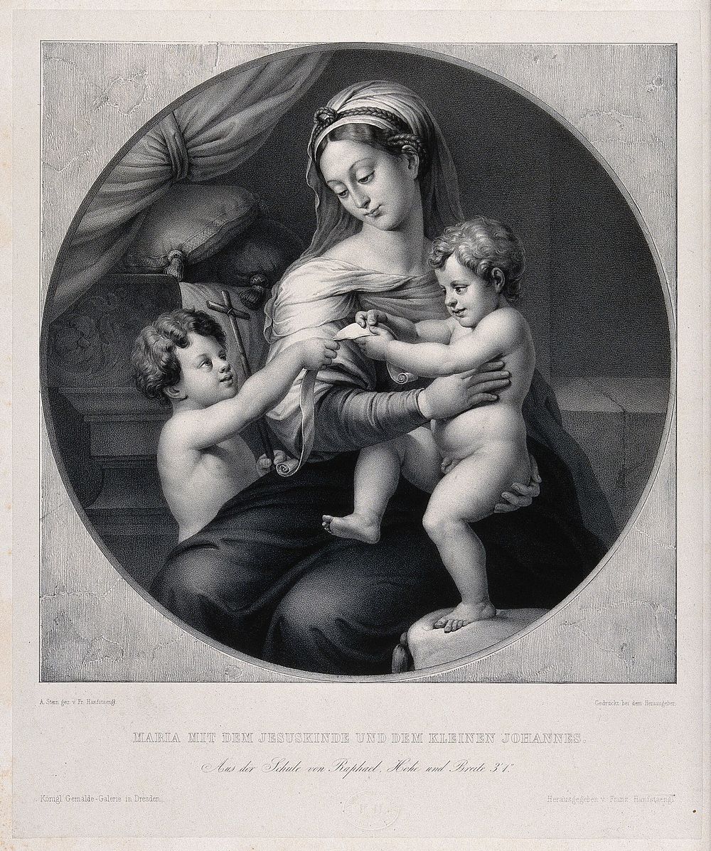 Saint Mary (the Blessed Virgin) with the Christ Child and Saint John the Baptist. Lithograph by F.S. Hanfstaengl.