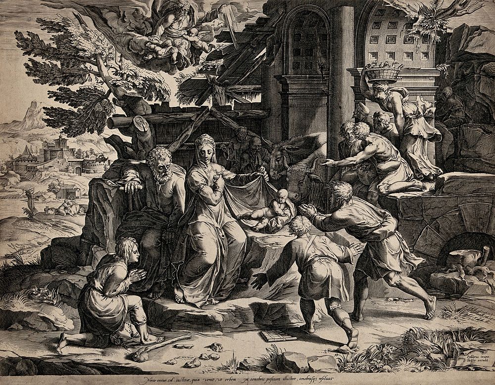 The birth of Christ among ruins. Engraving by J. Sadeler after Polidoro da Caravaggio.