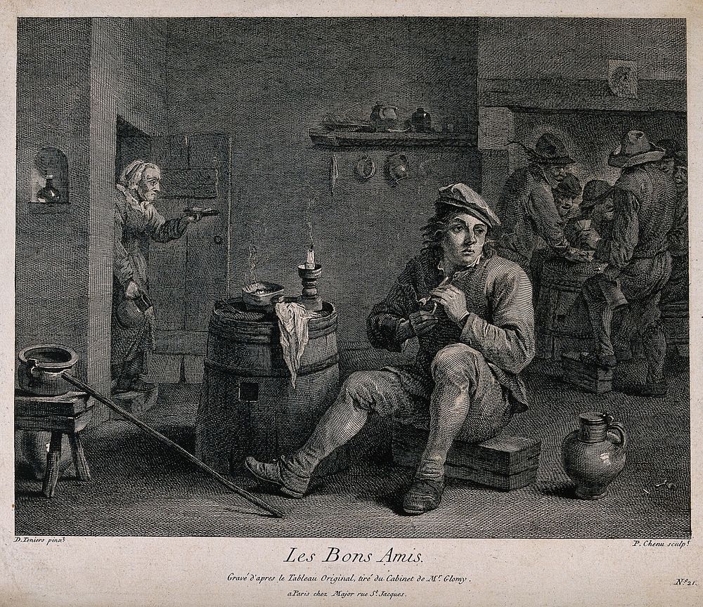 A man sits by a barrel-table smoking his pipe, behind others play cards and a woman enters the room. Engraving by P. Chenu…