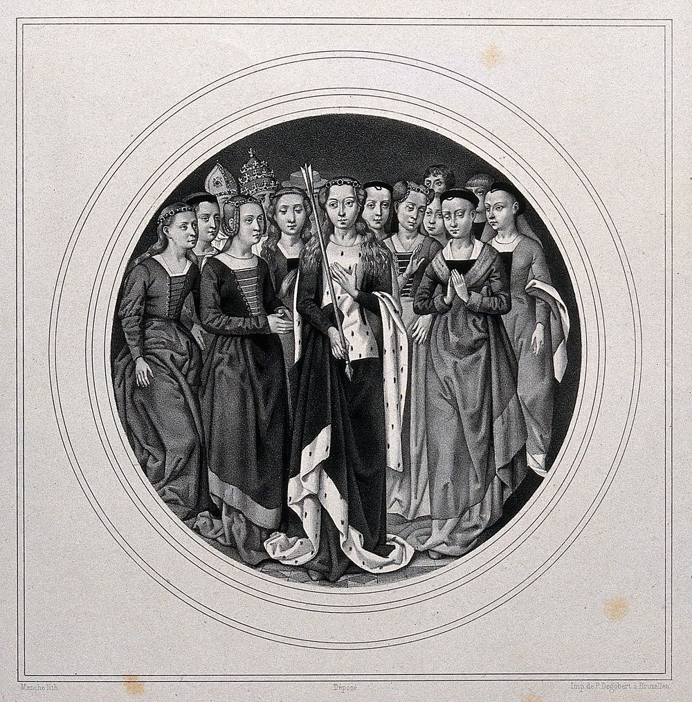 Saint Ursula, holding an arrow, with some of her followers. Lithograph by E. Manche after H. Memlinc.