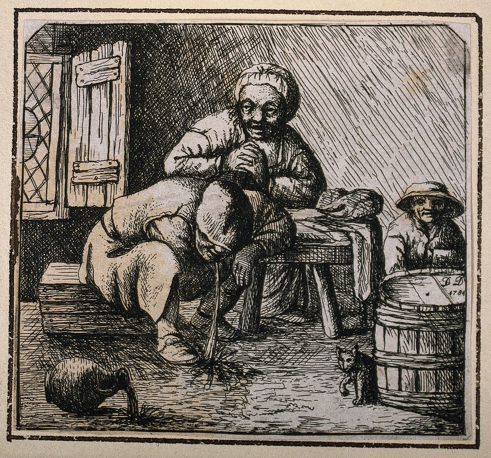 Two peasants sit at a table as a third man vomits on the floor. Etching by D. Deuchar, 1784, after A. van Ostade .