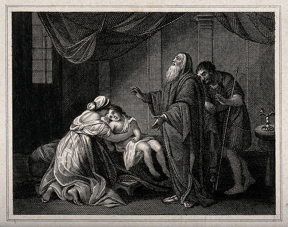 Elijah prays to resuscitate the widow's son . Etching.