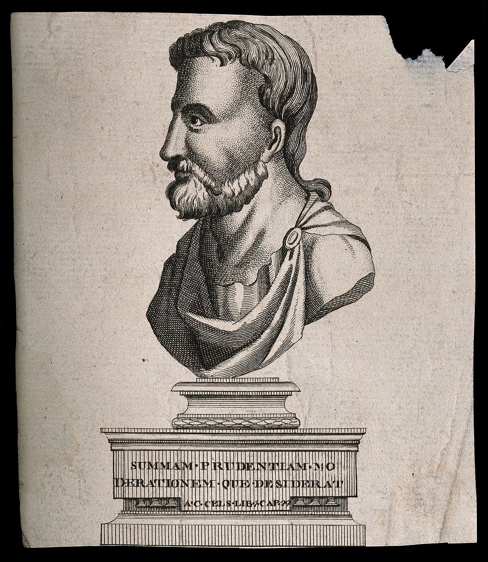 A. Cornelius Celsus, profile bust on a pedestal. Engraving.