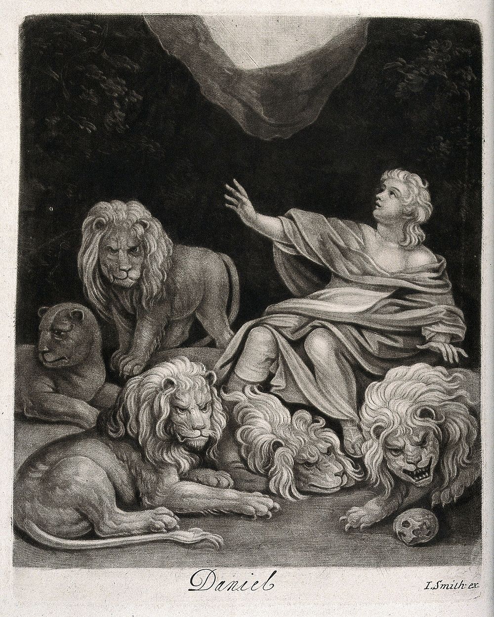 Daniel trapped with lions. Mezzotint by J. Smith.