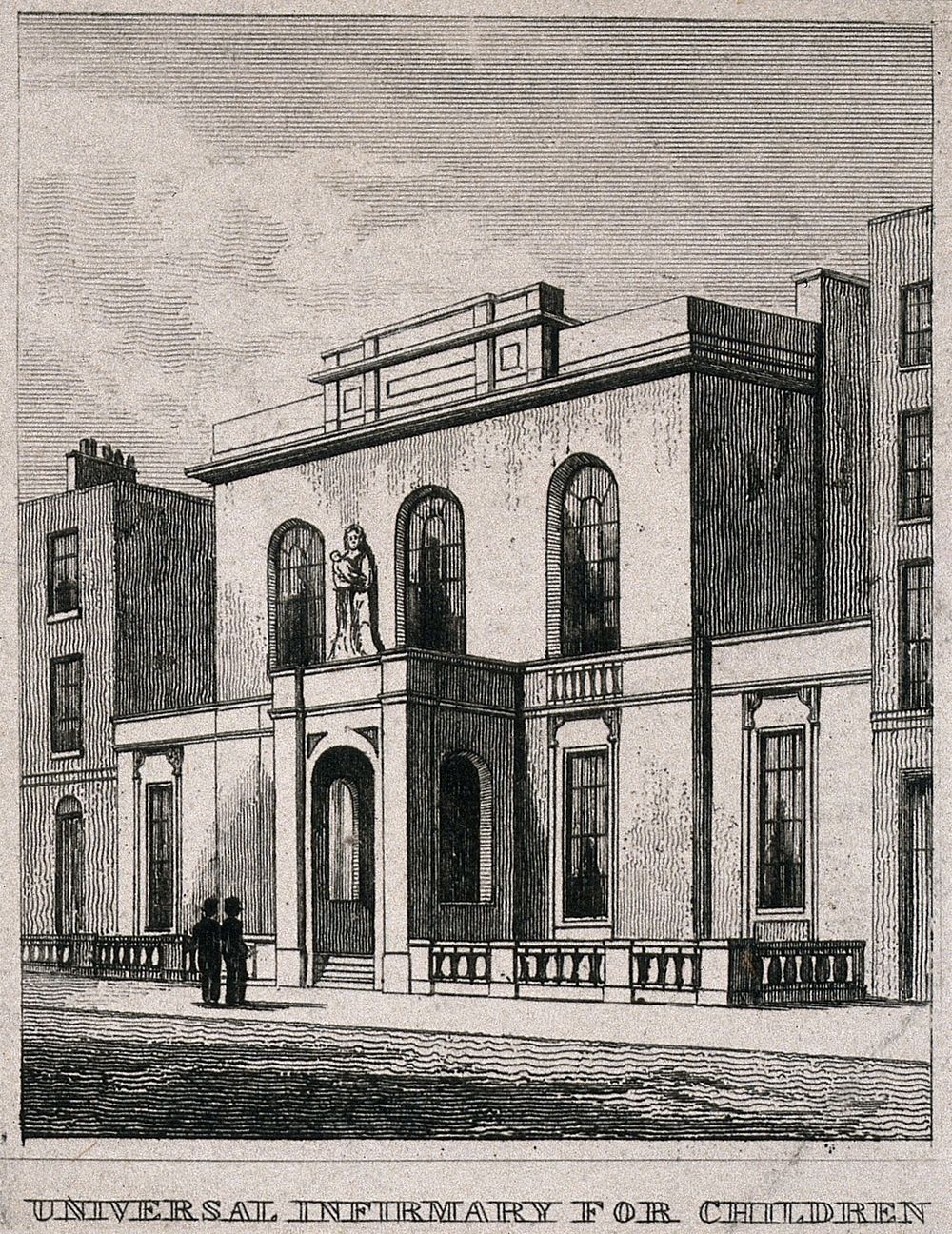 Universal Infirmary for Children, Waterloo Road, London: the entrance. Engraving by J. Shury after T. H. Sheppard, 1832.