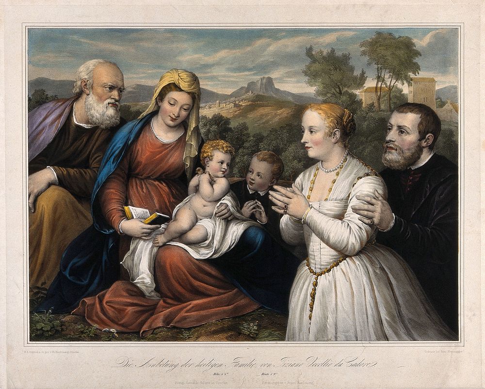 Saint Mary (the Blessed Virgin) with the Christ Child, Saint Joseph and a family as donors. Colour lithograph by F.S.…