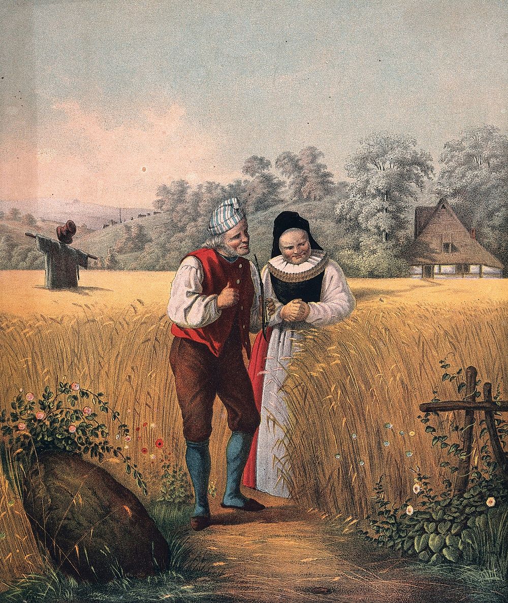A farmer and his wife contemplating their full-grown crop in a field ready for harvest. Colour lithograph, 18--.