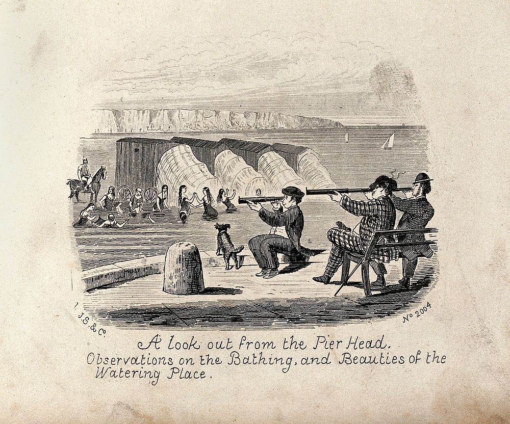 Three men looking through telescopes at young women bathing in the sea. Wood engraving.