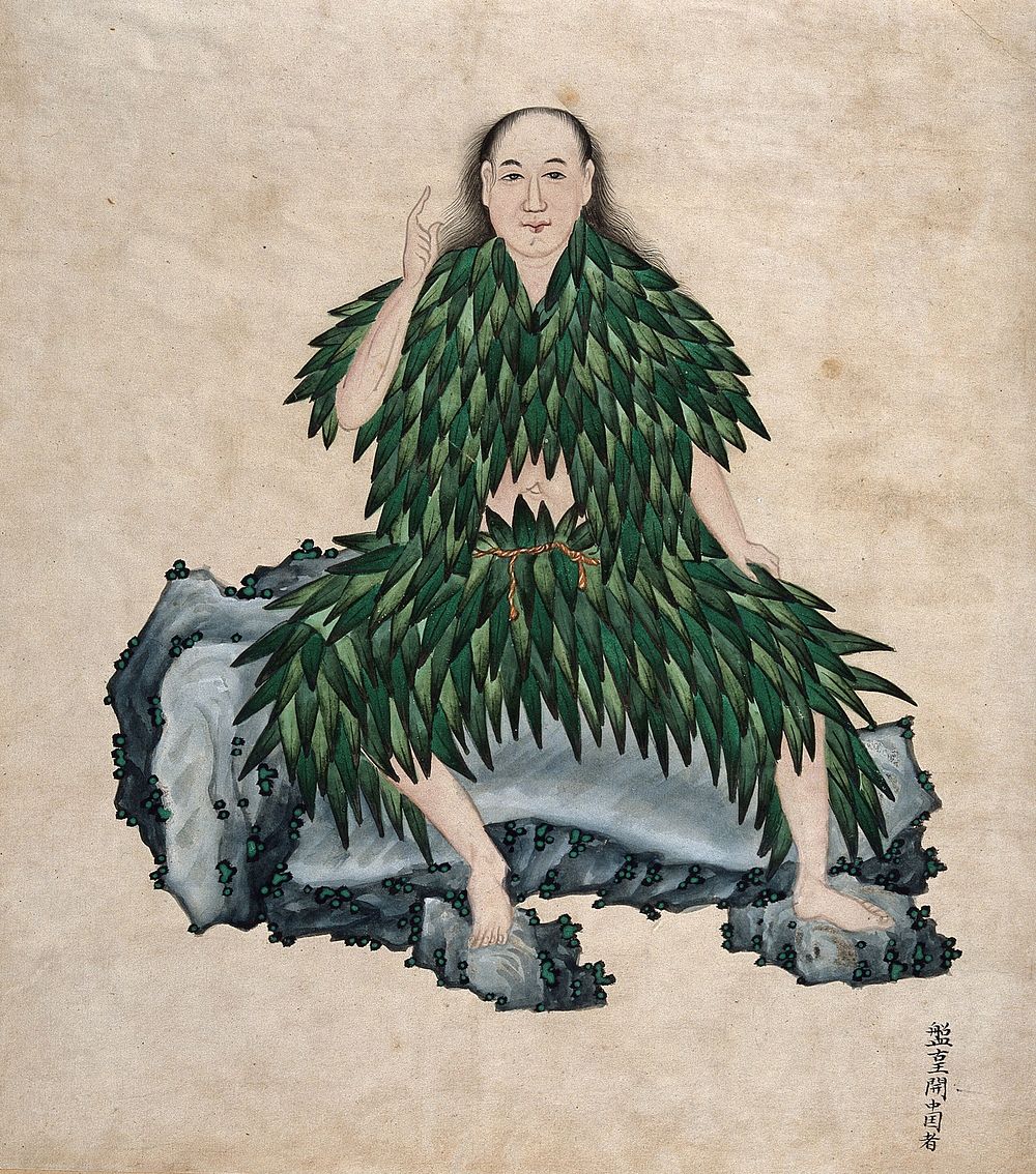 Shen Nung seated on a rock, wearing simple garments fashioned from leaves. Watercolour, 18--.