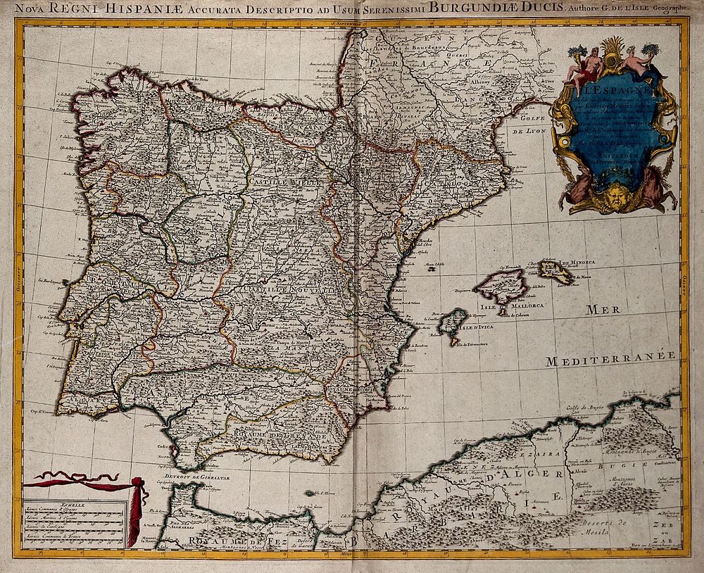 Spain: map. Coloured engraving J. van Lugtenburg, ca. 1720, after G. de L'Isle.