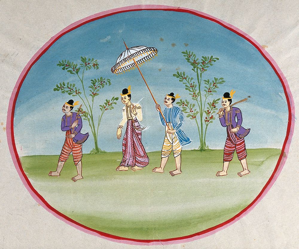 Burma: a lady attended by two standing bodyguards and by a servant holding a parasol. Watercolour.