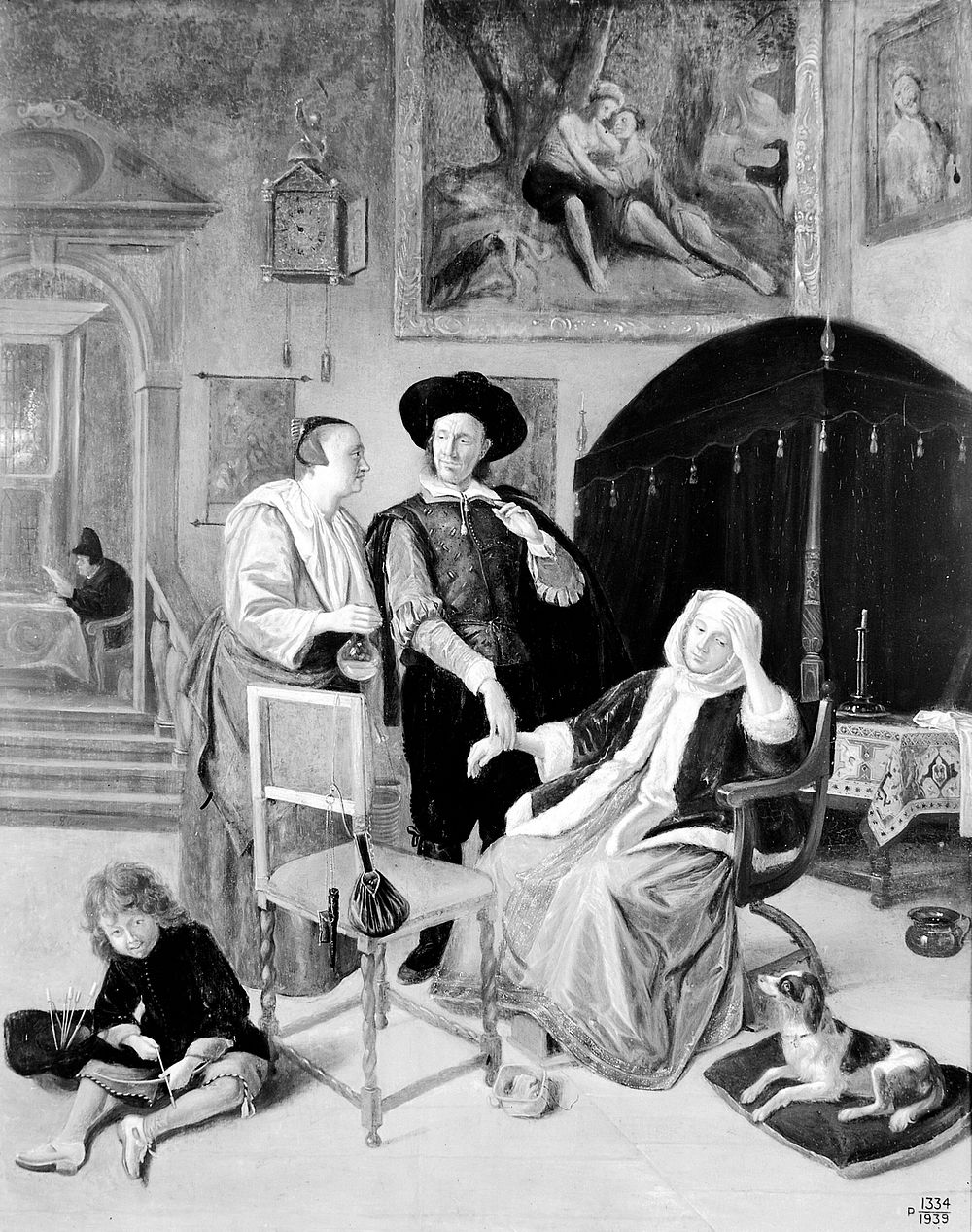 A physician taking the pulse. Oil painting after Jan Steen.