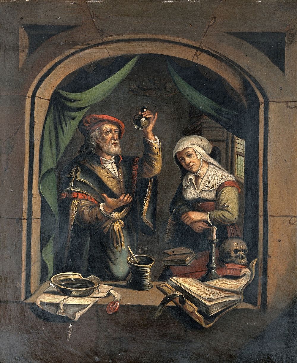 A physician examining a urine flask. Oil painting after G. Dou.