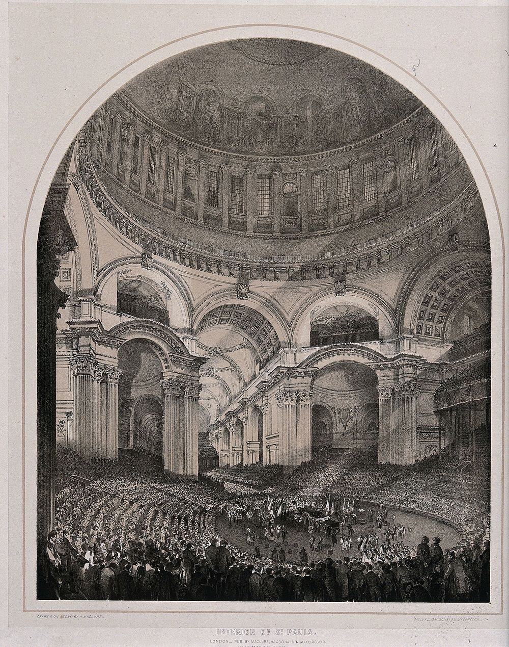 The funeral of the Duke of Wellington in St. Paul's Cathedral in London in 1852. Lithograph by A. Maclure.