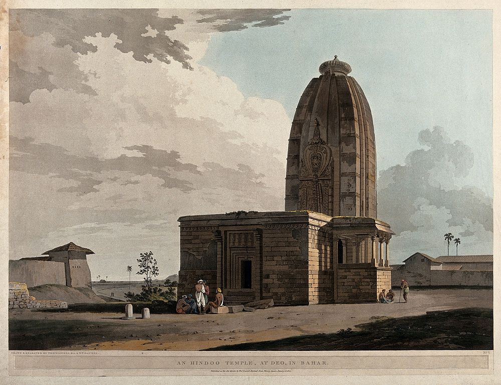 Hindu temple at Deo, Bihar. Coloured aquatint by T. and W. Daniell, 1800.