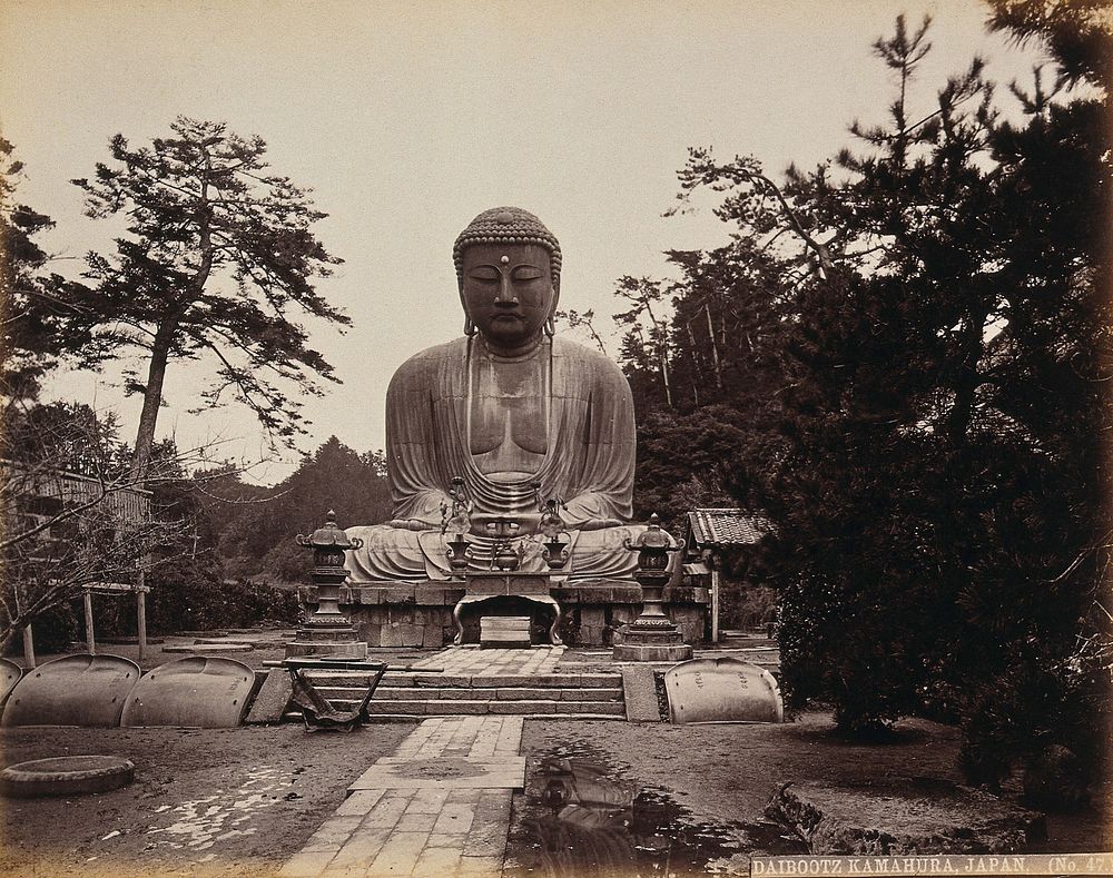 Kamakura, Japan: large statue of "Daibootz" or the "Great Buddha", in wooded country. Photograph by W.P. Floyd, ca. 1873.