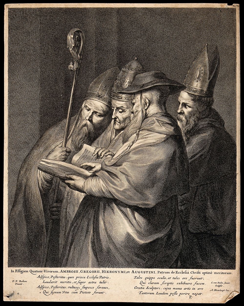 Saint Ambrose, Saint Gregory the Great, Saint Jerome and Saint Augustine of Hippo. Engraving by C. van Dalen after Sir P.P.…