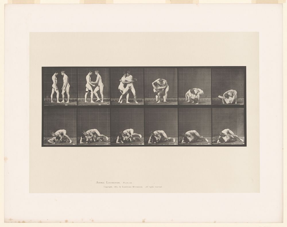 Two naked men face one another, grapple, one forces the other to the ground then lowers himself on top of him. Collotype…