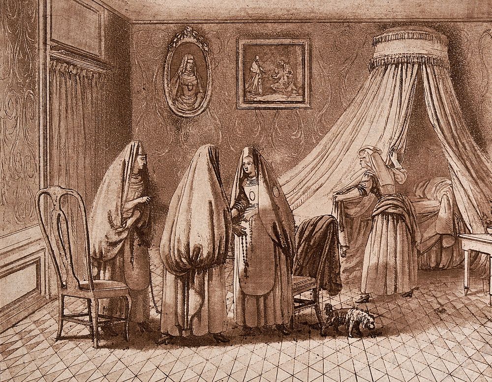 Three women in a room are talking among themselves as another arranges the drapes on the bed. Aquatint by J. Höuel.