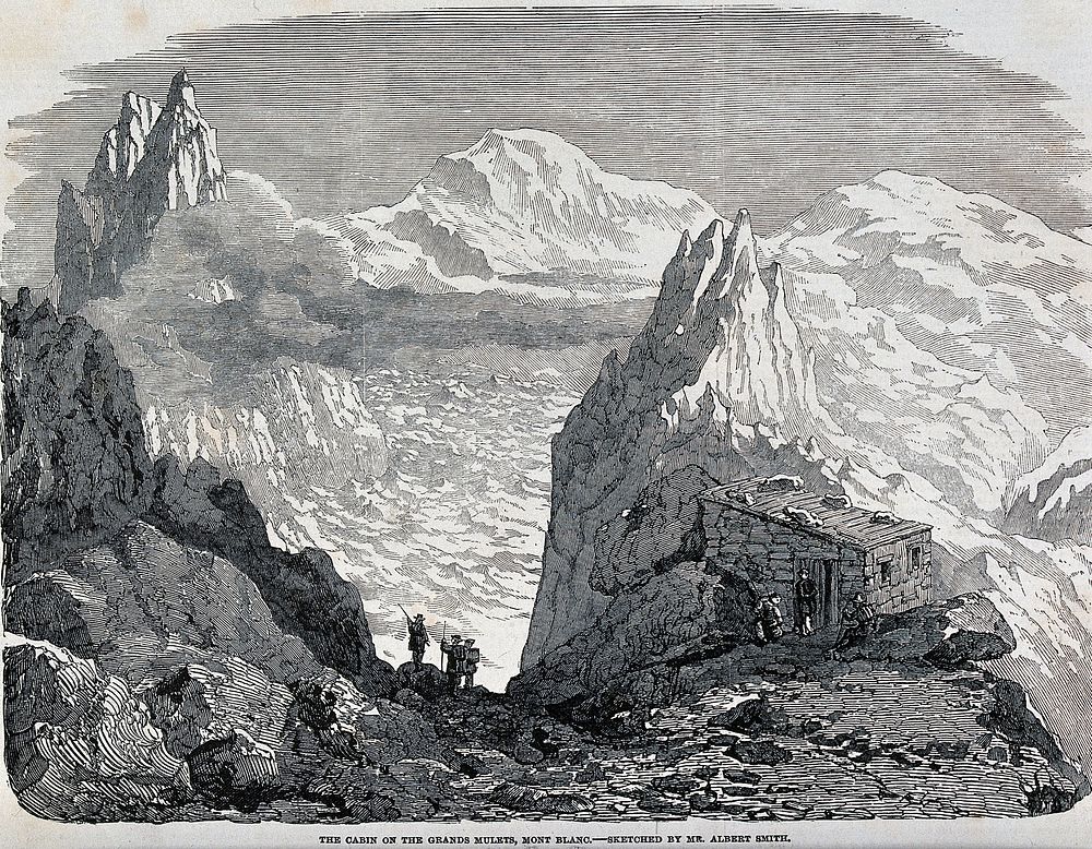 Mont Blanc: travellers outside the cabin on the Grands Mulets. Wood engraving, 1853, after Albert Smith.