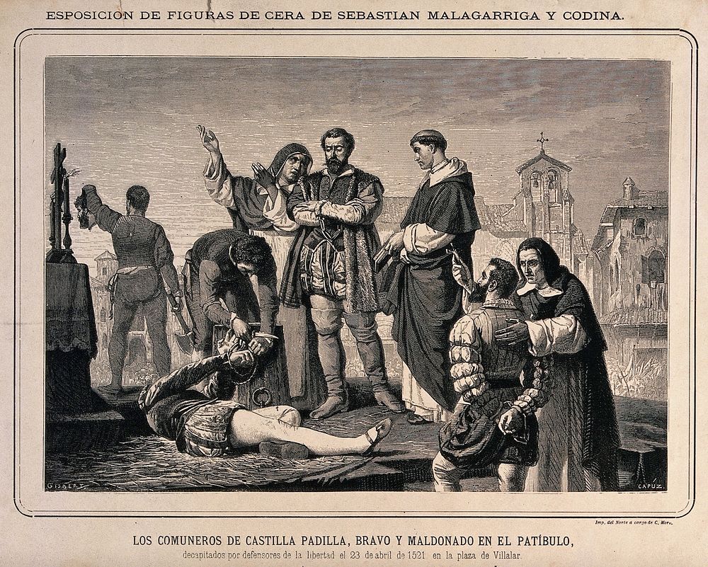 The beheading of Juan de Padilla and his associates in the market place of Villalar in 1521. Wood engraving by T.C. Capúz…