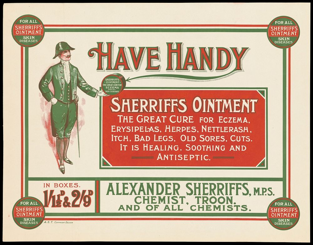 A Scottish sheriff, advertising Sherriffs ointment for skin diseases. Colour lithograph.