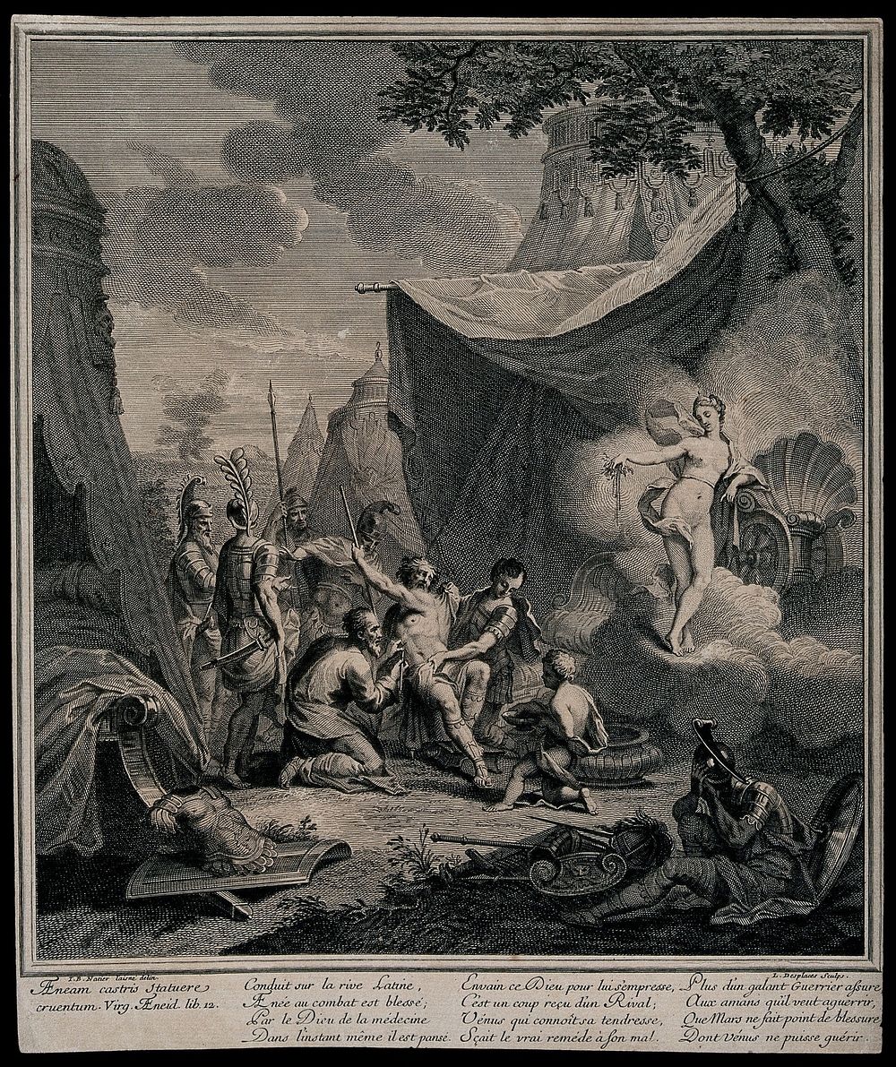Venus appears to Aeneas while he is being treated after being wounded in battle. Engraving by L. Desplaces after J.B.…
