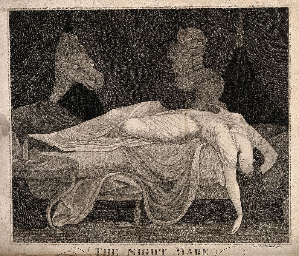 A woman fast asleep with her head hanging down, a devil is sitting on her stomach and a horse peeps through a curtain;…