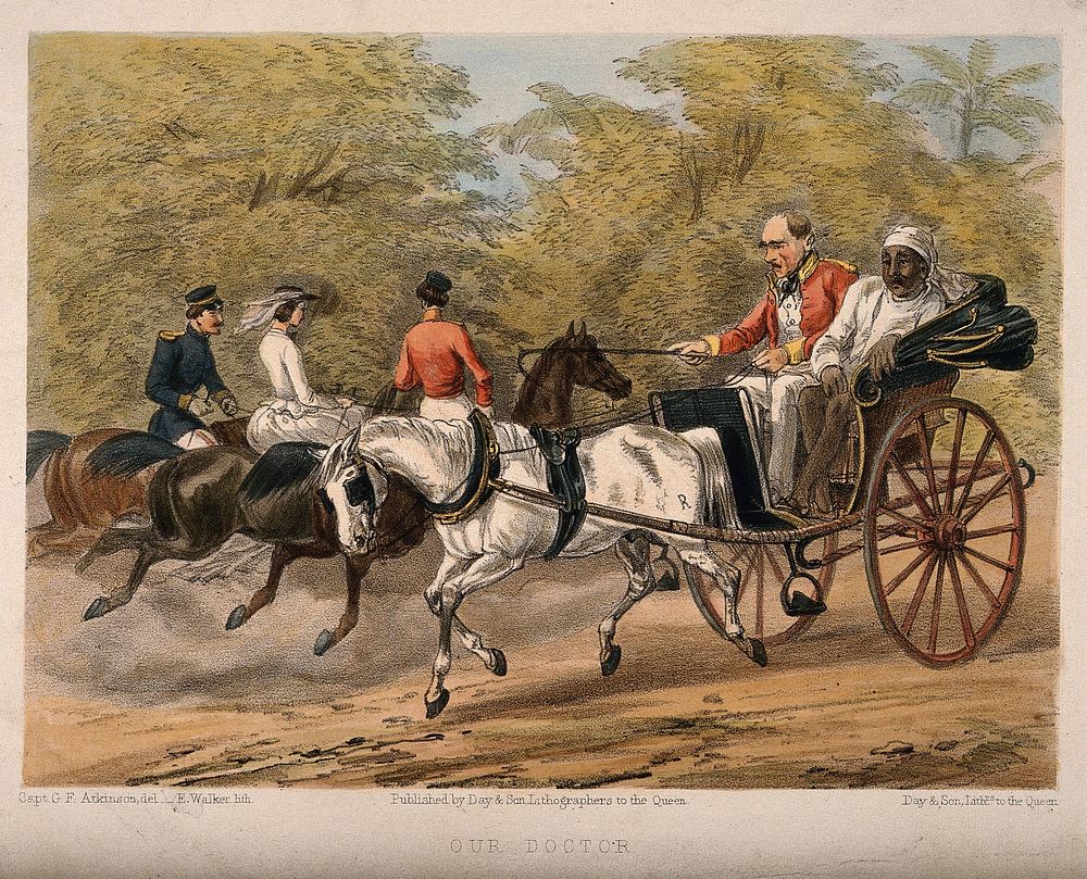 A British administrator and retired physician driving a carriage at high speed, accompanied by an Indian servant. Coloured…