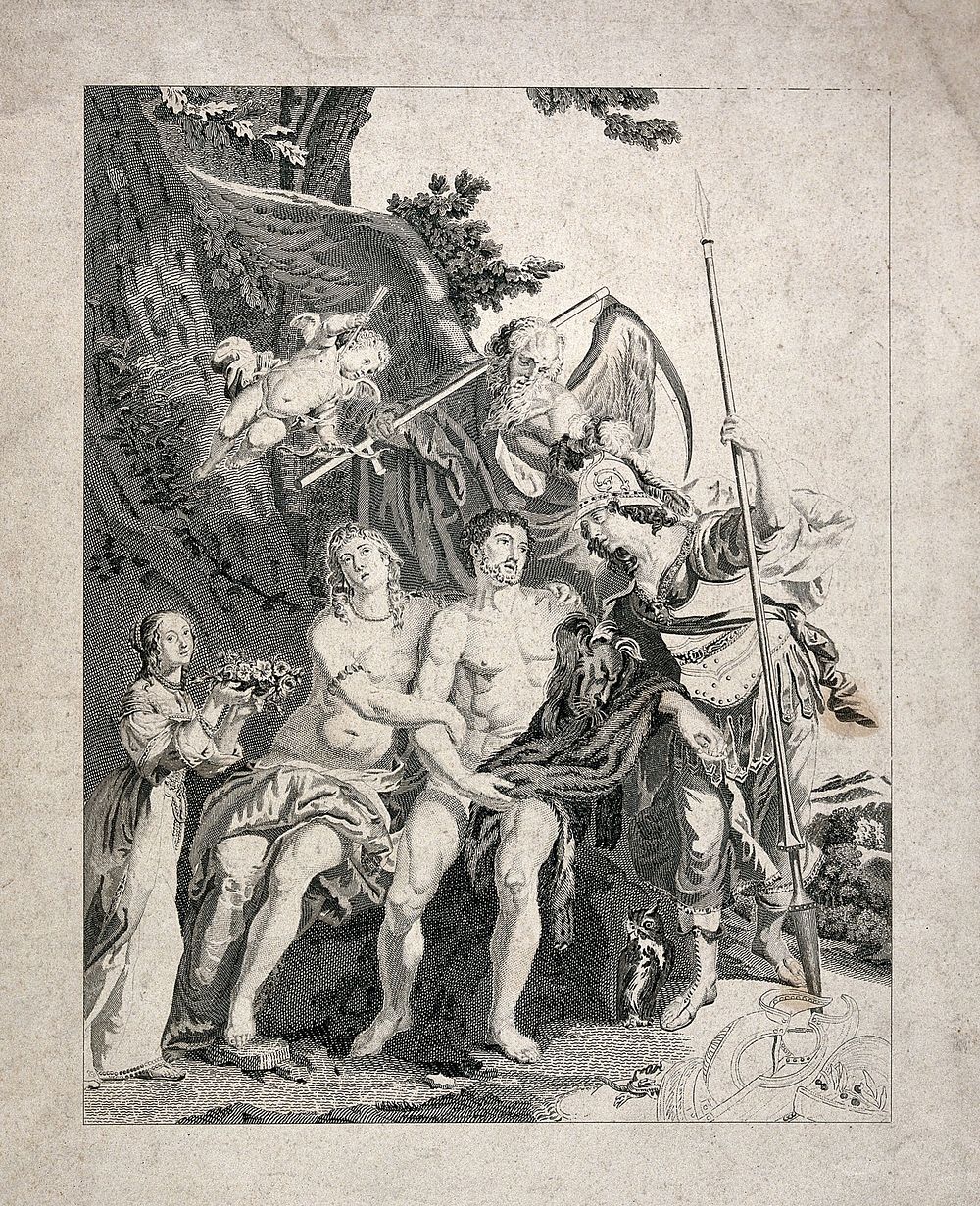 Hercules between Venus and Minerva, with Time and Cupid looking on ; a girl proffering roses on the left. Stipple engraving…