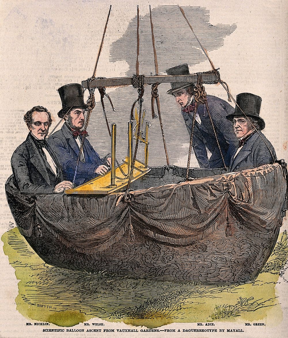 Four men in the basket of a balloon with some equipment. Wood engraving by Smyth after a photograph by Mayall.