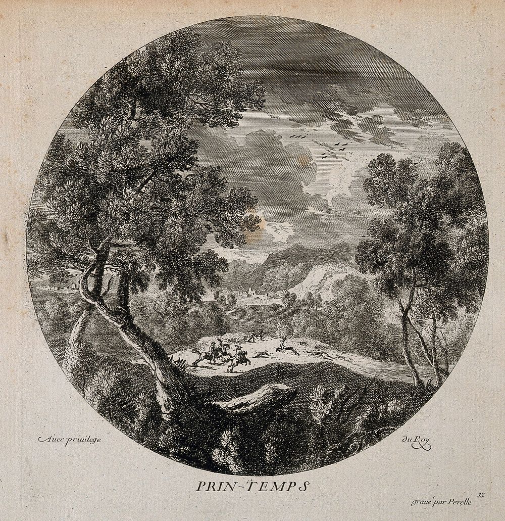 A hunting scene seen from above; representing spring. Etching by N. Perelle, 17th century.